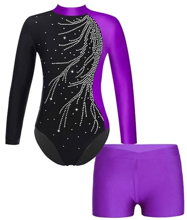 YiZYiF Enfant Fille Ensemble Patinage Artistique Justaucorps de Danse Paillette Body Gymnastique Manche Longue à Strass Léotard de Ballet Costume Spectacle 5-14 ans Violet C 9-10 ans