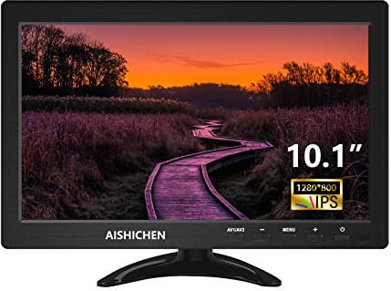 AISHICHEN 10.1 Inch Small Monitor, Raspberry Pi Display Built-in Speakers, Mini Screen1280 x 800, HDMI Monitor 60 Hz, 5ms, IPS Screen Display w/Remote Control, HDMI VGA AV BNC Input(10.1-1280x800P)