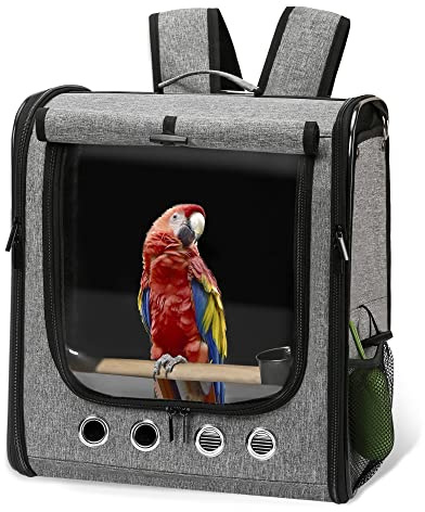SUERTREE Large Bird Carrier Bag with Stand, Lightweight Backpack for Parrot, Portable Cockatiel Travel Cage with Accessories, Pet Transparent Breathable Carrier, Gray