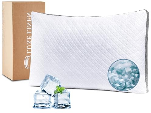 Luxe Linen Queen sängkuddar, strimlade minnesskum kuddar, justerbar sängkudde för sömn, 50 x 76 cm kylande Tencel cirkulära stickade kuddar för sida, rygg, magsovande (paket med 1)