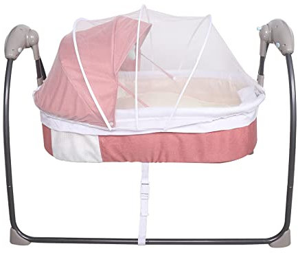 Quiltern Babywiege Kinderbett 3-Speed Auto-Swing Elektrische Babyschaukel Babywippe Babyliege Wiege bis Elektrische Babybett 18KG mit Moskitonetz Musik Omni-direktionale Sicherheitsschnalle (Rosa)