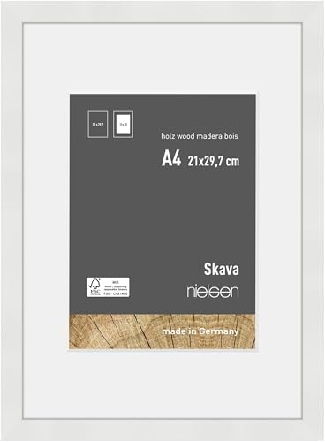 nielsen Holz Bilderrahmen Skava, 21 x 29,7 cm (A4), Weiß | Holz Dokumentenrahmen mit Passepartout im Hoch- & Querformat zum Aufhängen Weiß matt Echtglas
