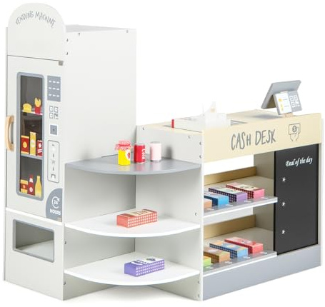 RELAX4LIFE Registratore di Cassa Giocattolo per Bambini, Banco Spesa del Negozio/Supermercato con Macchina POS, Distributore Automatico e Lavagna Scrivibile, 15 Accessori (89 x 57 x 88 cm, Grigio)