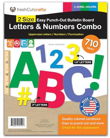 Bacheca lettere e numeri, gioiello multicolore 3,8 e 7,6 cm. lettere dell'alfabeto maiuscole, numeri, punteggiatura, lettere perforate in cartoncino realizzato negli Stati Uniti per poster, bacheche,