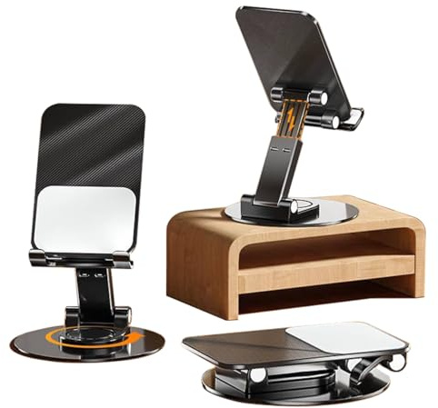 KMTOYS Soporte Movil para Mesa Ajustable | Rotación de 360° con Clic, Múltiples Ángulos, Base Metálica No Deslizante, Plegable y Portátil | Soporte Movil Cama, Soporte iPhone-Negro