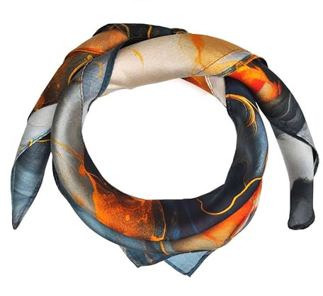 SeaBright Damen Seidentuch Tuch Nickituch Halstuch Bandana 100% Seide Satin 13 Momme Quadratisch 53X53 cm TC-S-BH-2405-53-6 Wasserspuren Rot Orange Blau Stahlgrau