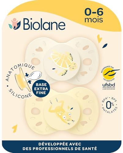 BIOLANE - Tétines anatomiques animaux - Sucettes extra-fines - 0 à 6 mois- Jaune et Beige - Téterelle plate et réversible- Confort optimal- Respect du développement bucco-dentaire | Téterelle extra-fines, plate et réversible, Confort optimal, Respect du développement bucco-dentaire, Recommandés par UFSBD