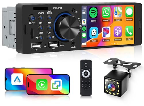 Single Din Car Stereo with Carplay Android Auto, Hodozzy 1 Din Touchscreen Radio Support Bluetooth 5.2 FM Radio Fast Charge USB/TF Card/Aux Ports Mirrorlink EQ SWC Reverse Camera
