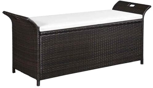 JHQHSM Truhenbank mit Polster, Gartenbank wetterfest Bank im freien Sitzbank Outdoor Bank für den Garten Gartenmöbel Geeignet für Terrasse Garten Hinterhof 138 cm Poly Rattan Braun