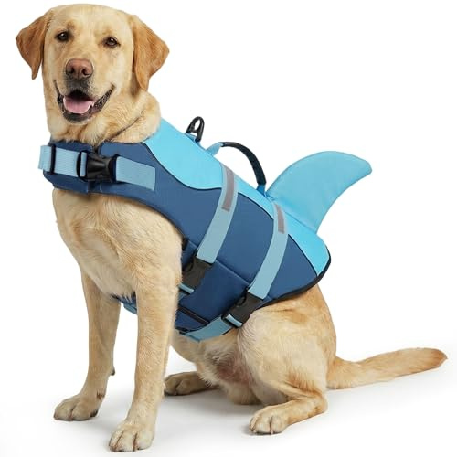 ASENKU Giubbotto Salvagente per Cani, Giubbotto Salvataggio Cane Squalo per Nuoto e Sport Acquatici,con Maniglia Superiore e Cintura di Sicurezza Regolabile, per Cani di Taglia Piccola Media Grande XL