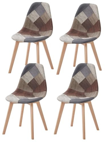 Uderkiny 4er-Set Esszimmerstühle, skandinavischer Patchwork-Sessel, gepolsterter Stuhl, Patchwork-Stuhl für Küche/Büro, PU-Sitzkissen/Kreuzbeine aus Buche (Grau, 4)