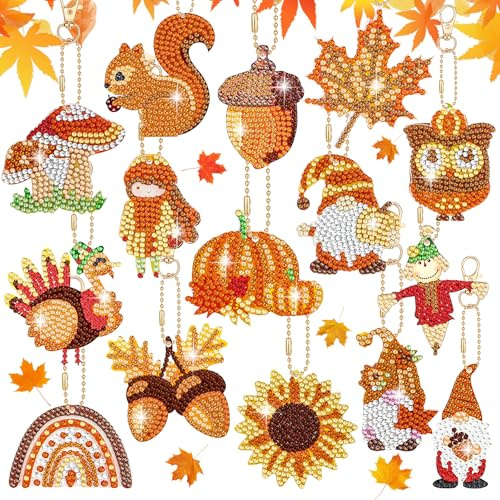 Homgaty 15 llaveros de Pintura de Diamantes 5D, Kit de Pintura de Diamantes de Doble Cara para Acción de Gracias, Cosecha, decoración de Halloween