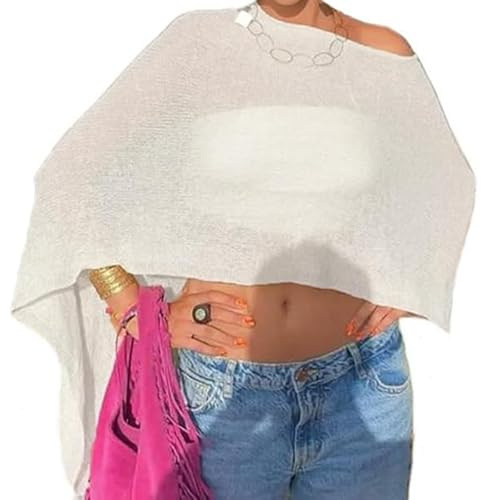 BABWWNIX Y2K Sheer Knit Poncho Tops for Women Lightweight Summer Beach Shrug Shawl Bolero Off Shoulder Mesh Sweater Cover Up (White, ONE SIZE)