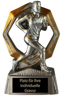 Laufsport Pokal 11 cm - Resin Läufer Figur - Trophäe mit Gravurschild | Pokal für Leichtathletik & Laufwettbewerbe, Silber-Gold Optik, 130g schwer, Ideal für Vereine & Sportveranstaltungen