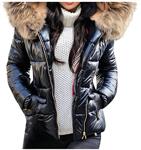 FUPODD Daunenjacke Damen Winter Kurz Glänzend Steppjacke Leicht Mit Kapuze Winterjacke Damen Warm Fellkapuze Puffer Jacke Reflektierend Steppmantel Reissverschluss Wintermantel Kurze Daunenmantel