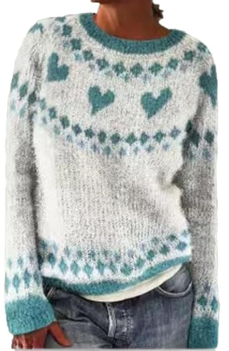 Norweger Pullover Damen Original Pullover Damen Y2K Vintage Geometrische Plaid Sweater Langarm Loose Rundhals Strickpullover Casual Sweatshirt Pulli Elegant Jumper Oberteile Oversize Mintgrün L