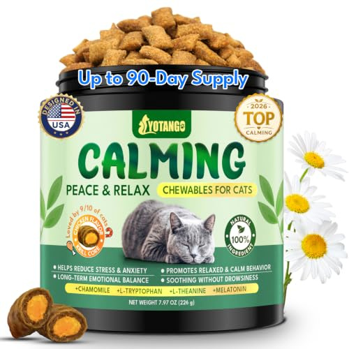 YOTANGO Calming Cat Treats – 500 Crunchy Calming Chews for Cats Kittens, Anxiety Support & Stress Relax for Travel, Thunder with Chamomile, L-Theanine & L-Tryptophan (Chicken Flavor)