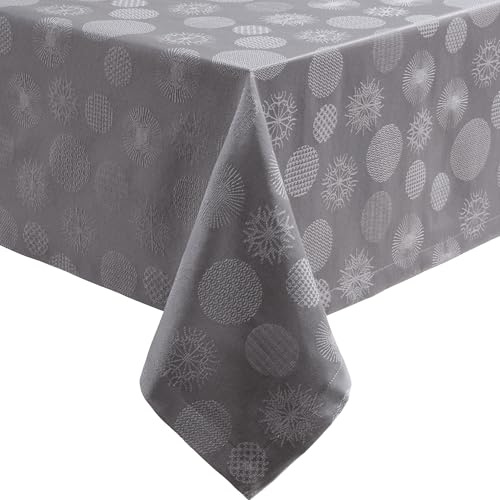 Erwin Müller Tischdecke Mitteldecke Calvia Silber Größe 130x220 cm - eingewebte Eiskristalle und Christbaumkugeln, zarter Schimmer, Pflege- und bügelleicht