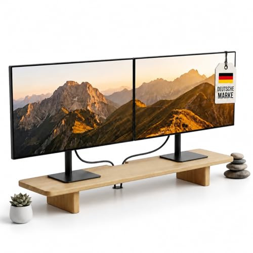 MNCH Markets Dual Monitor Ständer aus Holz, Ergonomische Bildschirmerhöhung, Schreibtischorganizer mit Kabeldurchlass, Naturholz Desktop Riser mit Ablagefläche für Büro und Home Office
