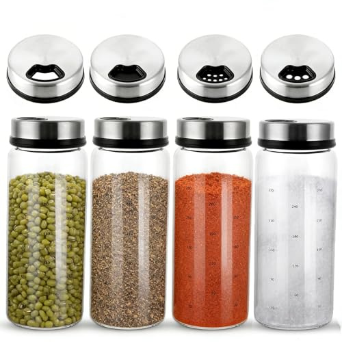 4 Stück Gewürzgläser mit Drehdeckel, 300ml Gewürzstreuer Glas, Borosilikatglas Gewürzdosen, Salz und Pfefferstreuer, Salzstreuer für der Küche, Kochen,Grillen im Freien