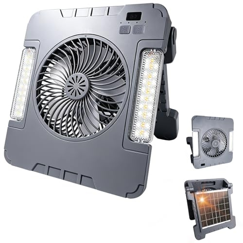 Solar Camping Ventilator mit Abnehmbarem Solarpanel, USB Akku und Solarbetriebener Tischventilator mit 4 Geschwindigkeitsstufen und Dimmbarem LED-Licht,für Zelte, Zuhause,Camping, Reisen, Angeln