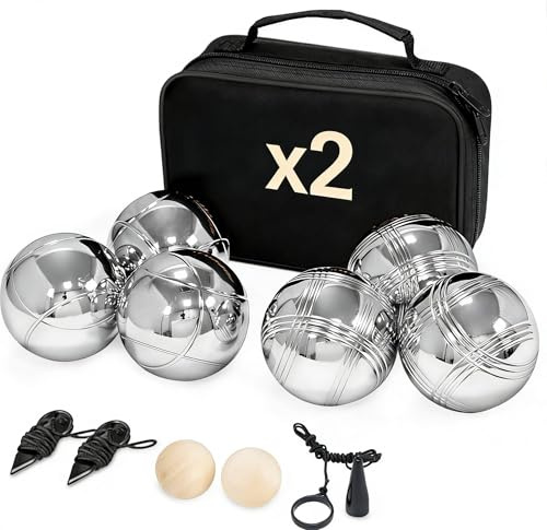 2x Boule Set, 12 Boccia Kugeln für 2-6 Spieler, Metallkugeln Boccia Spiel mit 2 Tragetasche, 4 Zielkugeln, 4 Entfernungsmesser, 2 Magnet, Boccia Set Garten Camping Strand, Outdoor Sport Spiel