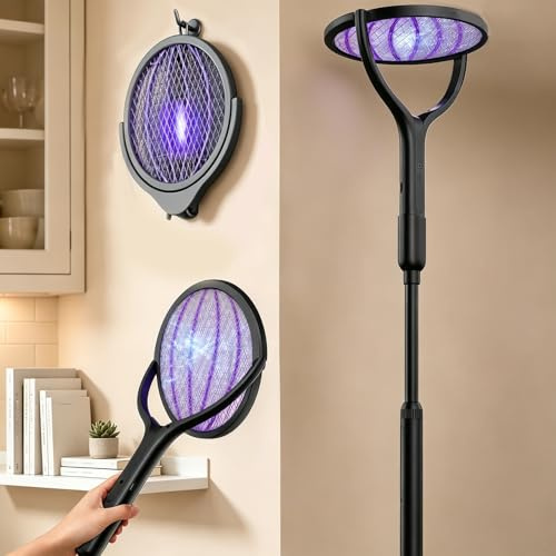 4 in 1 Elektrische Fliegenklatsche Extra Stark, Fliegenklatsche Elektrisch | 360° Drehbarem & Teleskopierbarem Griff mit UV-Licht für Küch, Camping