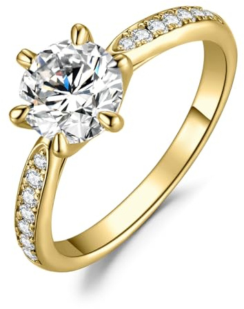 JewelryPalace 1,5 ct klassisk 14K gult guldpläterad solitärring för kvinnor med Moissanite, simulerad diamant guld ringar med sidostenar, förlovningsband guld smycken set 9,5