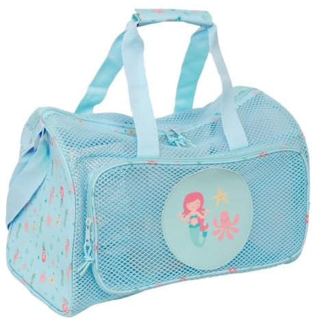 SAFTA | Bolsa de Playa SAFTA Sirena, Bolsa de Deporte Infantil de Rejilla Azul con Asas y Bandolera Ajustable, Bolsillo Frontal con Cremallera, Medidas 47x27x26 cm