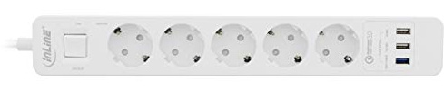 InLine 16491T kontaktkabel, 5-delad skyddskontakt, överspänningsskydd och QuickCharge USB, med strömbrytare, 1,5 m, vit