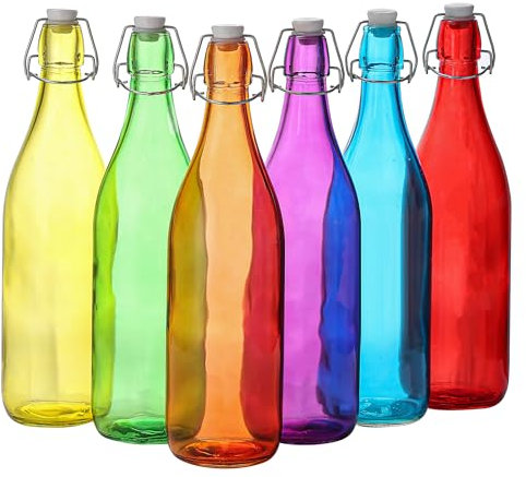 simpa 1L Traditional Vintage Style Swing Top Lid Glass Bottles - MultiColour Set of 6 - Orange, Red, Yellow, Blue, Purple & Green.
