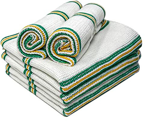 Towelogy® 10 Pack Cotton Dish Cloths Waffle Weave White Super Absorbent LINT FREE QUICK DRY Striped Kitchen Tea Towels Dishcloths for Washing Up Machine Washable 35x40cm (White Green/Yellow Stripes)