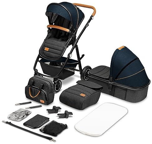 LIONELO Amber Kinderwagen 2 in 1 Kombikinderwagen, Kinderwagen Set mit sportlichen Sitz und fester Babywanne, Tasche, Moskitonetz, Abdeckung Regenblatt (Blau)