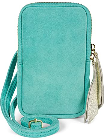 styleBREAKER Damen Handy Umhängetasche Veloursleder | 12x19x2,5 cm Crossbody-Bag, 1 Hauptfach mit Zipper, 72-130 cm Schulterriemen, weiches Innenfutter, lange Schiebergriffe.