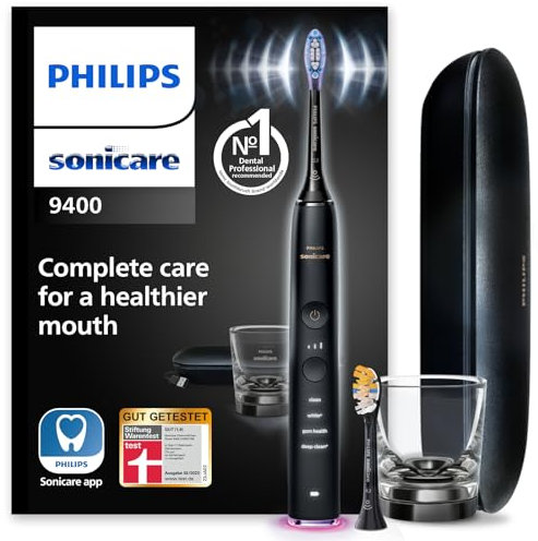 Philips Sonicare DiamondClean Smart 9400 elektrische Zahnbürste, Schallzahnbürste mit App, Drucksensor, Bürstenkopferkennung, 4 Putzmodi und 3 Intensitätsstufen, Schwarz, Modell HX9917/89