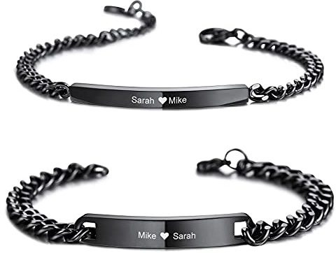 MunkiMix 2 Stück Personalisierte Paar Armbänder Set Benutzerdefinierte Gravur Name für Männer Frauen Freund Freundin Edelstahl Bar Einstellbare Bordstein Link Liebe Beziehung Geschenk