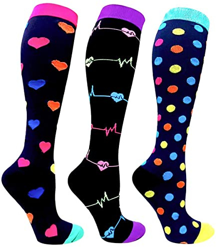 Miavogo 3 Paar Kompressionsstrümpfe für Damen, Kompressionssocken mit 20 - 30 mmHg Bunt Thrombosestrümpfe compression socks für Sport Laufen Reisen Flug（S/M）
