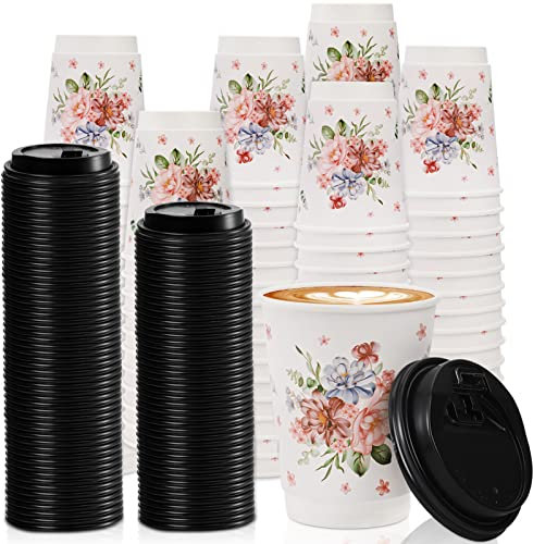 Lyellfe 80 Pack Disposable Coffee Cups with 100 Lids, 12 Oz To Go Coffee Cups, Durable Insulated Hot Drink Paper Cups for Office, Wedding Reception, Iced Coffee, Floral Theme