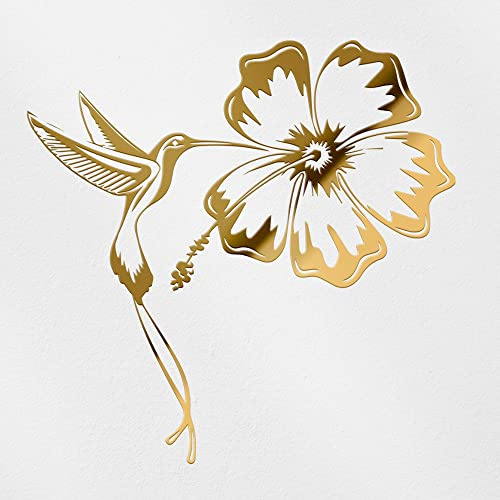 Transparent Decal Stickers of Hummingbird and Hibiscus Tattoo (Metallic Gold) Premium Waterproof Vinyl Decal Stickers for Laptop Phone Accessory Helmet Car Window Mug Tuber Cup ANDSKUS603756GO080322