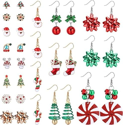 LOLIAS 16 Paia Orecchini a Bottone Pendenti Natale Set Femminile Ipoallergenico Pupazzo Neve Albero Natale Fiocco Neve Jingle Bell Renne Orecchini Regalo