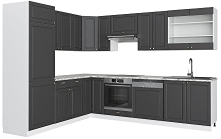 Vicco Eckküche Fame-Line, Anthrazit-Gold/Weiß, 287 x 227 cm | 14 Module · Höhenverstellbare Füße · Ohne Arbeitsplatte · MDF-Fronten · Softclose · Metallgriffe
