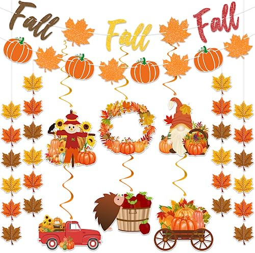 Fall Party Decorations Supplies - NO DIY - Autumn Home Decor Set Include Glitter Fall Banner Pumpkin Maple Leaf Garland, 6pcs Hanging Swirls, 4Pcs Maple Leaves Garland Strings for Thanksgiving Party