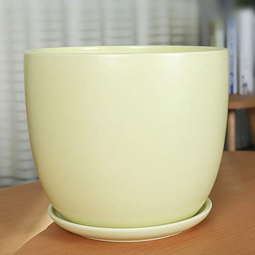 Sukkulenten-Töpfe aus Keramik für den Innen- und Außenbereich mit Bambustablett Kaktus-Pflanztopf Pflanzenbehälter Blumentöpfe mit Drainage für alle Zimmerpflanzen (Color : Matt Yellow, Size : L)