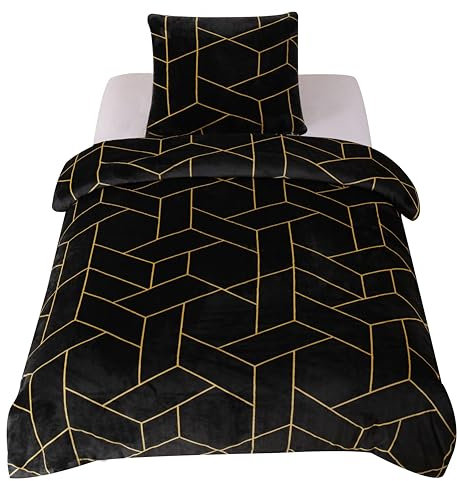 one-home Winter Bettwäsche geometrisch schwarz Gold modern Teddy Plüsch Cashmere Touch Nicki Coral Fleece Flauschig Kuschelig Warm Weich, Größe: 135x200 cm