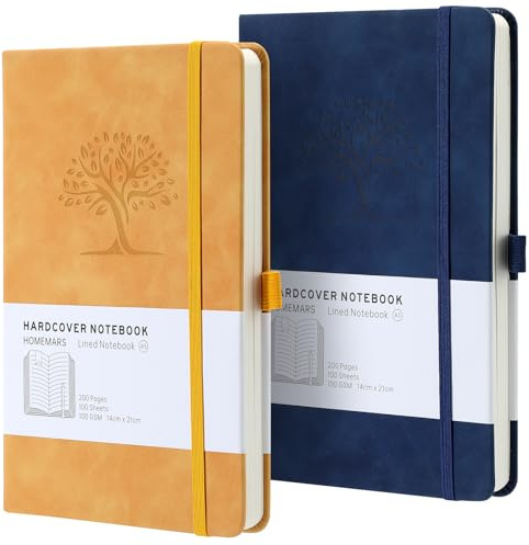 HOMEMARS Anteckningsbok, anteckningsbok, a5, journal, resedagbok, linjerad a5, anteckningsblock, anteckningsböcker a5, 100 gsm, 200 sidor, 2 stycken, resedagbok, anteckningsbok läder, prägling av