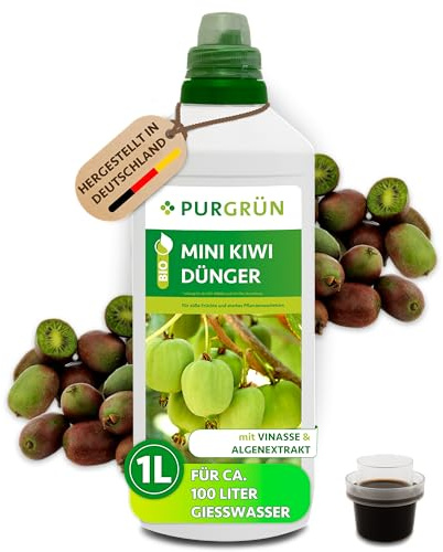Purgrün® Bio-Mini-Kiwi-Dünger 1 Liter – Hoher Ertrag dank Algenextrakt & Vinasse – Bio & Vegan – Premium-Flüssigdünger – Ohne tierische Inhaltsstoffe – Ergiebiges Konzentrat für 100 Liter Wasser