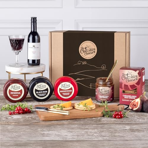 Cheese and Wine Feast Gift Box | 3 Luxury Waxed Cheese Truckles, Mini Red Wine 187ml, Chutney & Biscuits Hamper | The Cheshire Cheese Company | Gift for Him, Her & Couples