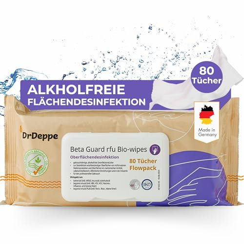 DrDeppe Beta Guard rfu Bio Wipes - alkoholfreie Desinfektionstücher für Flächen 100% biologisch abbaubar für die einfache Desinfektion von alkoholempfindlichen Oberflächen (80Tücher)