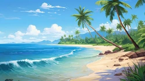 adrium Acryl-Bild 70 x 40 cm: Tropischer Strand mit Palmen und blauem Himmel. Vektorillustration (213339420)