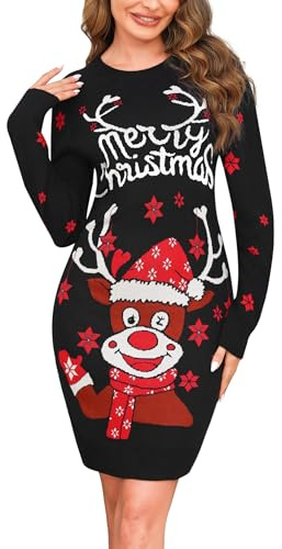 Wayleb Christmas Jumper Dress for Women Novelty Reindeer Snowflakes Knitted Ladies Xmas Dress Long Sleeve Merry Christmas Sweater Pullover Mini Dresses Black